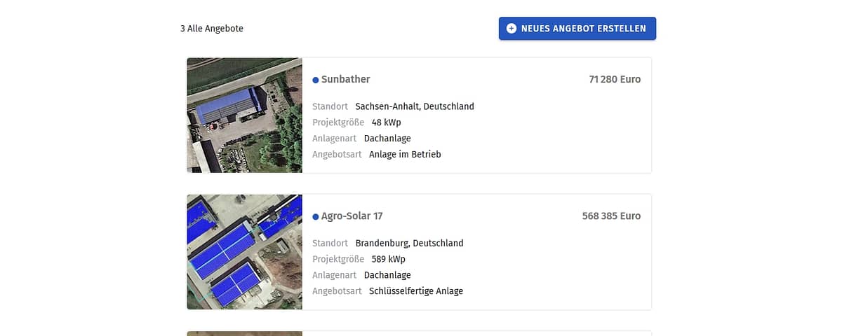 Screenshot des Online-Marktplatzes für PV-Projekte und Solarinvestitionen | ProjectForum