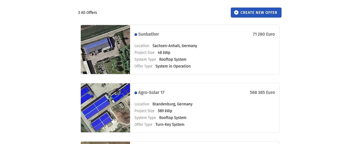 Screenshot of the online marketplace for solar projects | ProjectForum