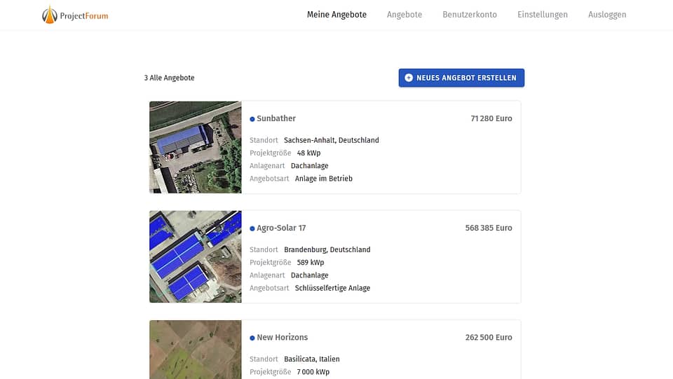 Screenshot des Online-Marktplatzes für PV-Projekte und Solarinvestitionen | ProjectForum
