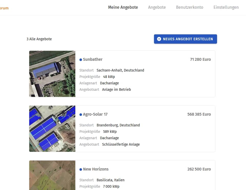 Screenshot des Online-Marktplatzes für PV-Projekte und Solarinvestitionen | ProjectForum