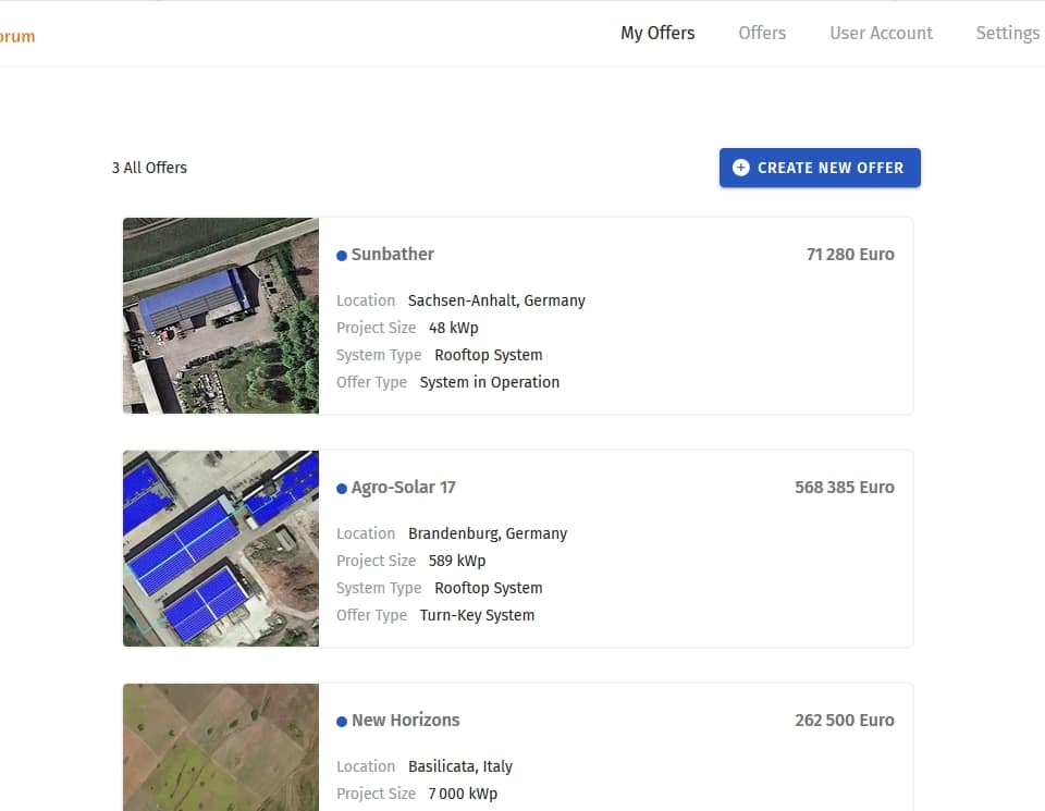Screenshot of the online marketplace for solar projects | ProjectForum